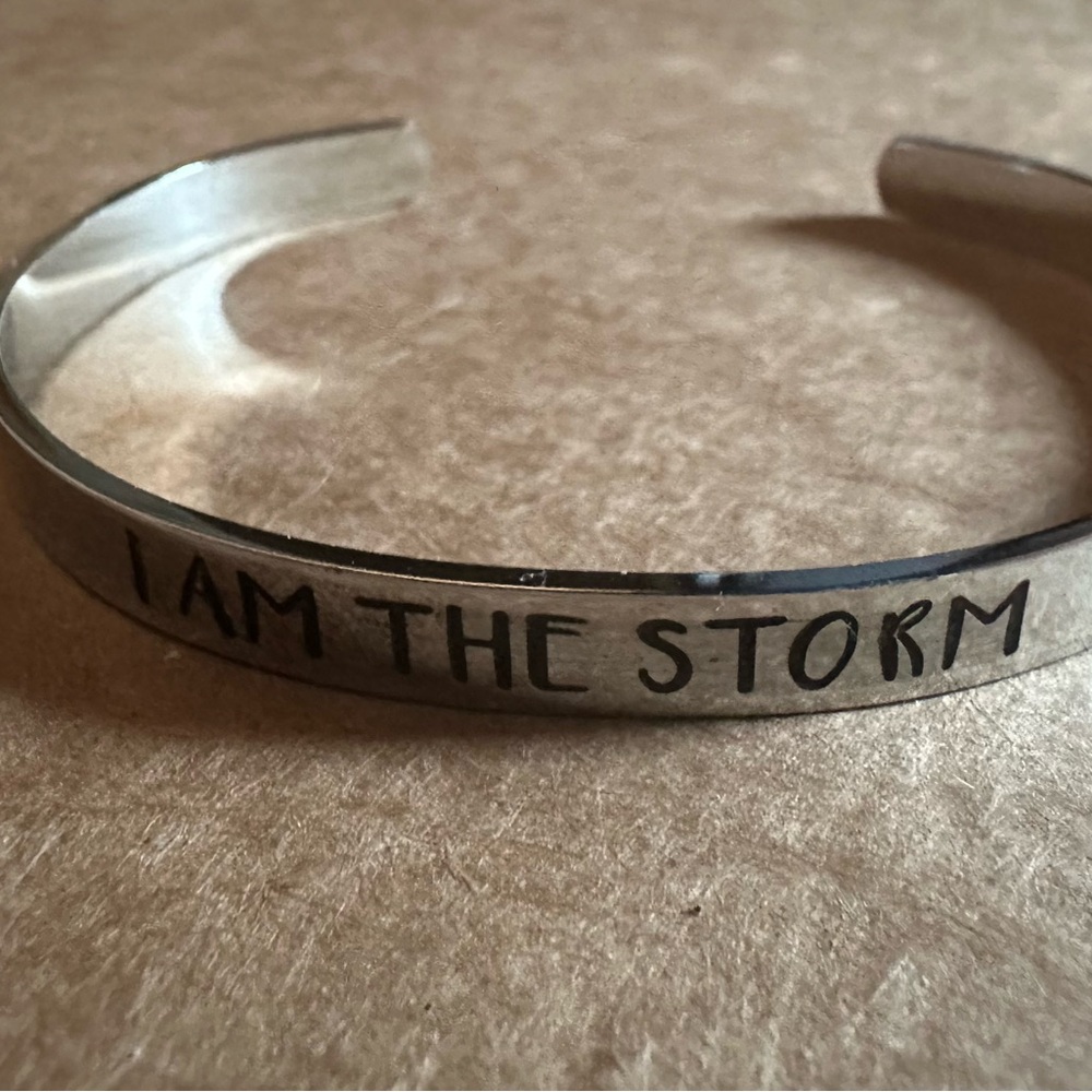 “I Am The Storm” Engraved Silver Cuff Bracelet